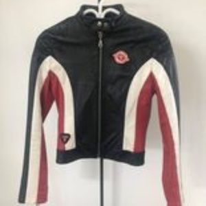 Fitted biker style black and red leather jacket